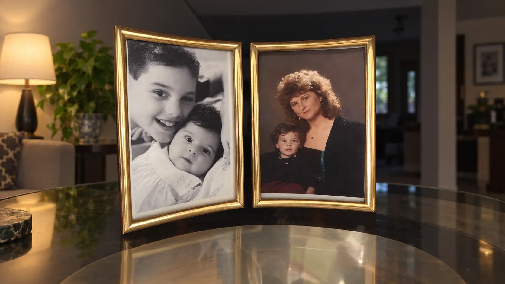 Family photos in two gold frames