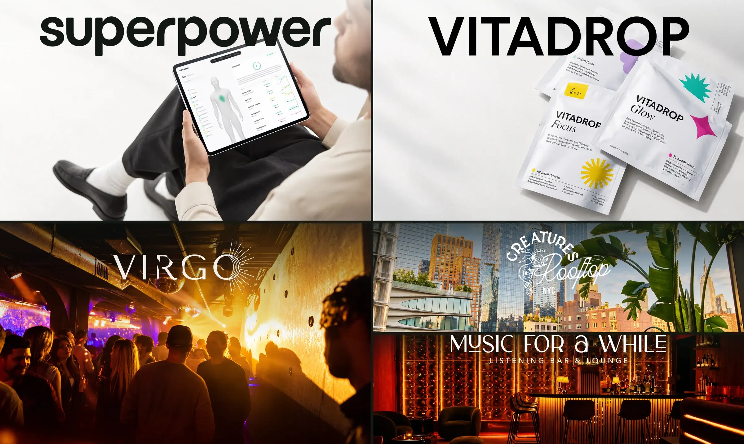 Superpower, Vitadrop, Virgo and Music For A While / Creatures investment collage
