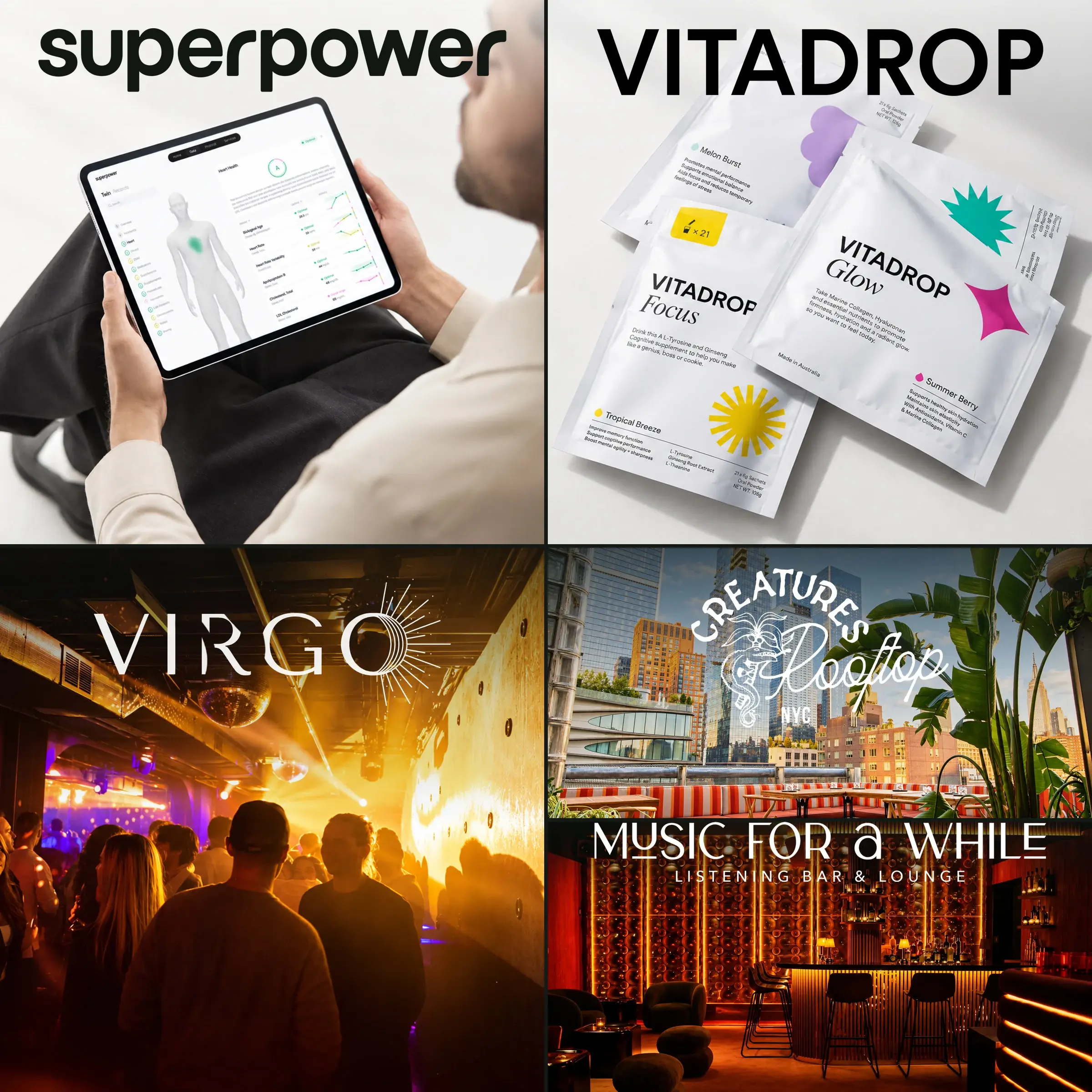 Superpower, Vitadrop, Virgo and Music For A While / Creatures investment collage