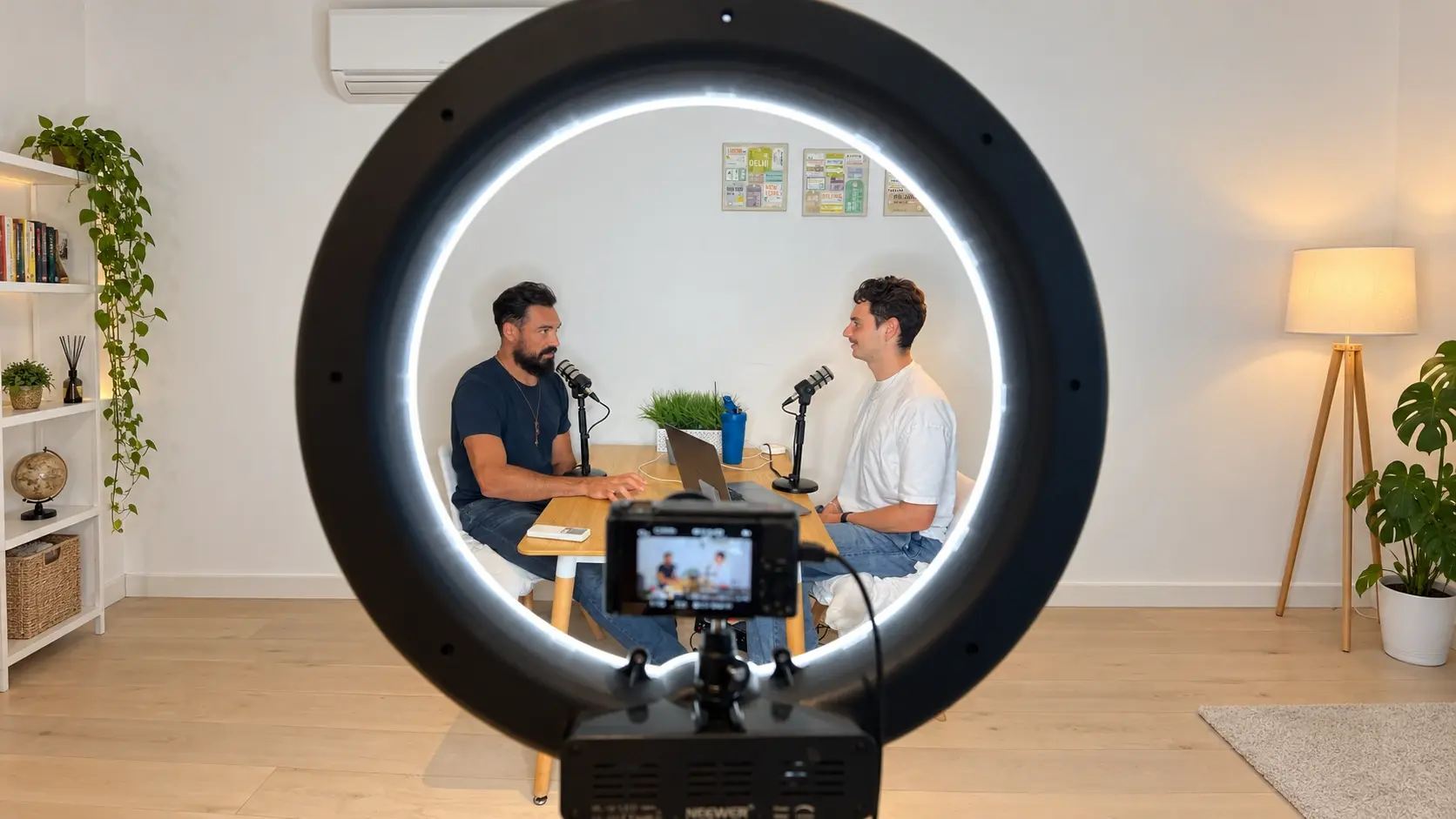 Podcast recording behind a ring light