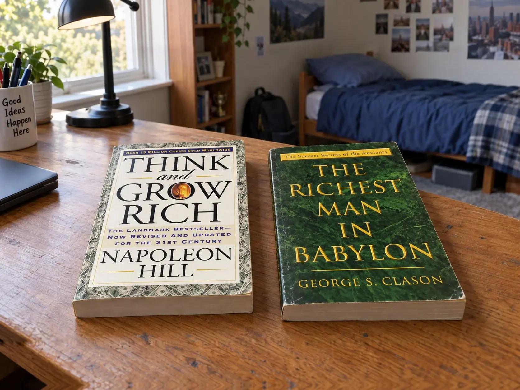 Think and Grow Rich and The Richest Man in Babylon on a bedroom desk